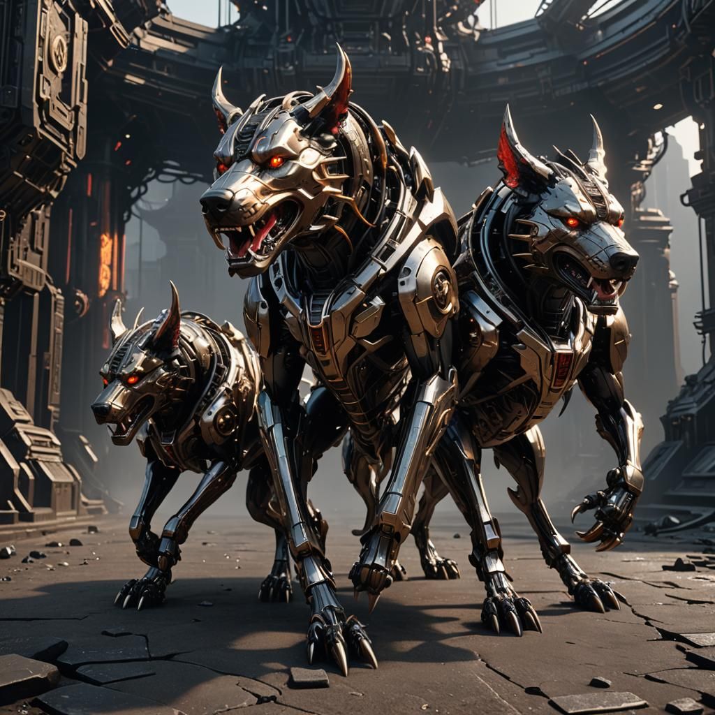Cybernetic Cerberus at Hell's Gate in Sci-Fi Style