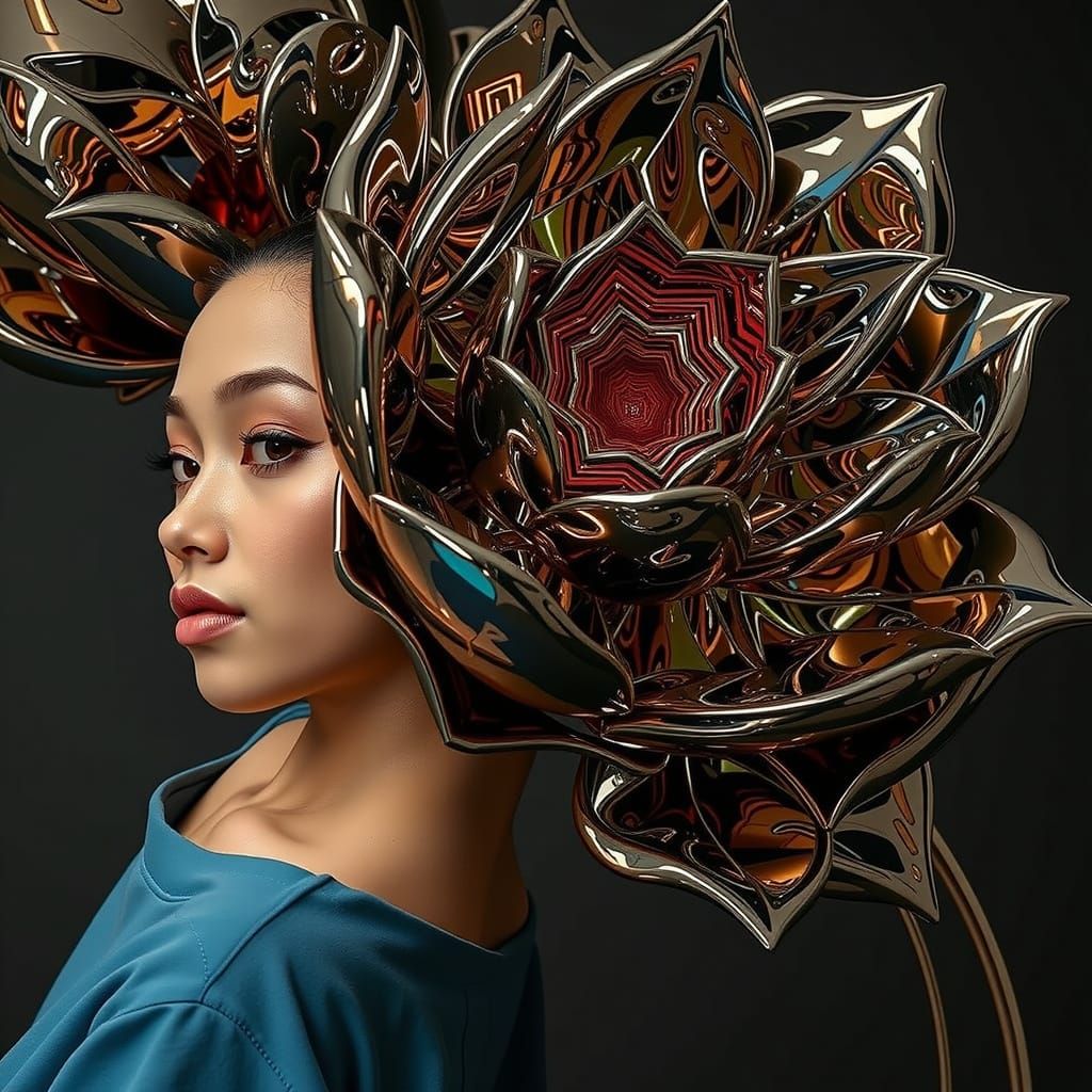 Chrome Lotus Sculpture with Optical Illusion Center