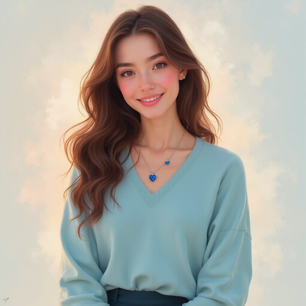 Gentle College Woman in Pastel Sweater and Sapphire Necklace