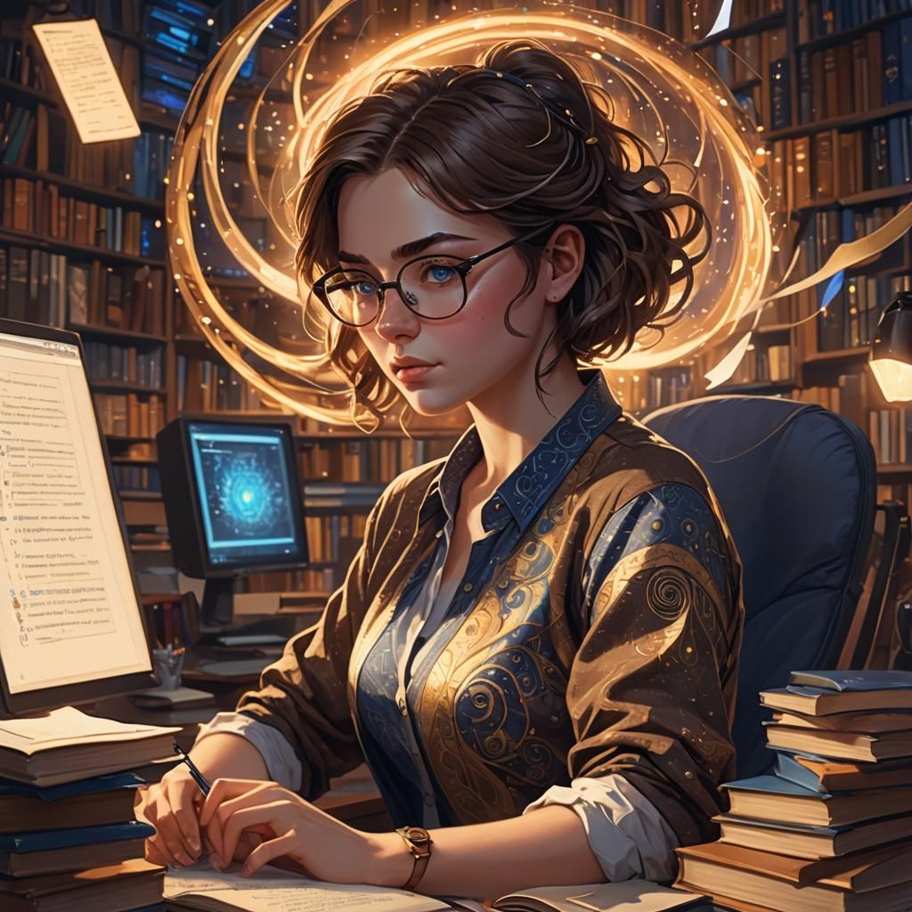 Fantasy Girl at Computer in Golden Light