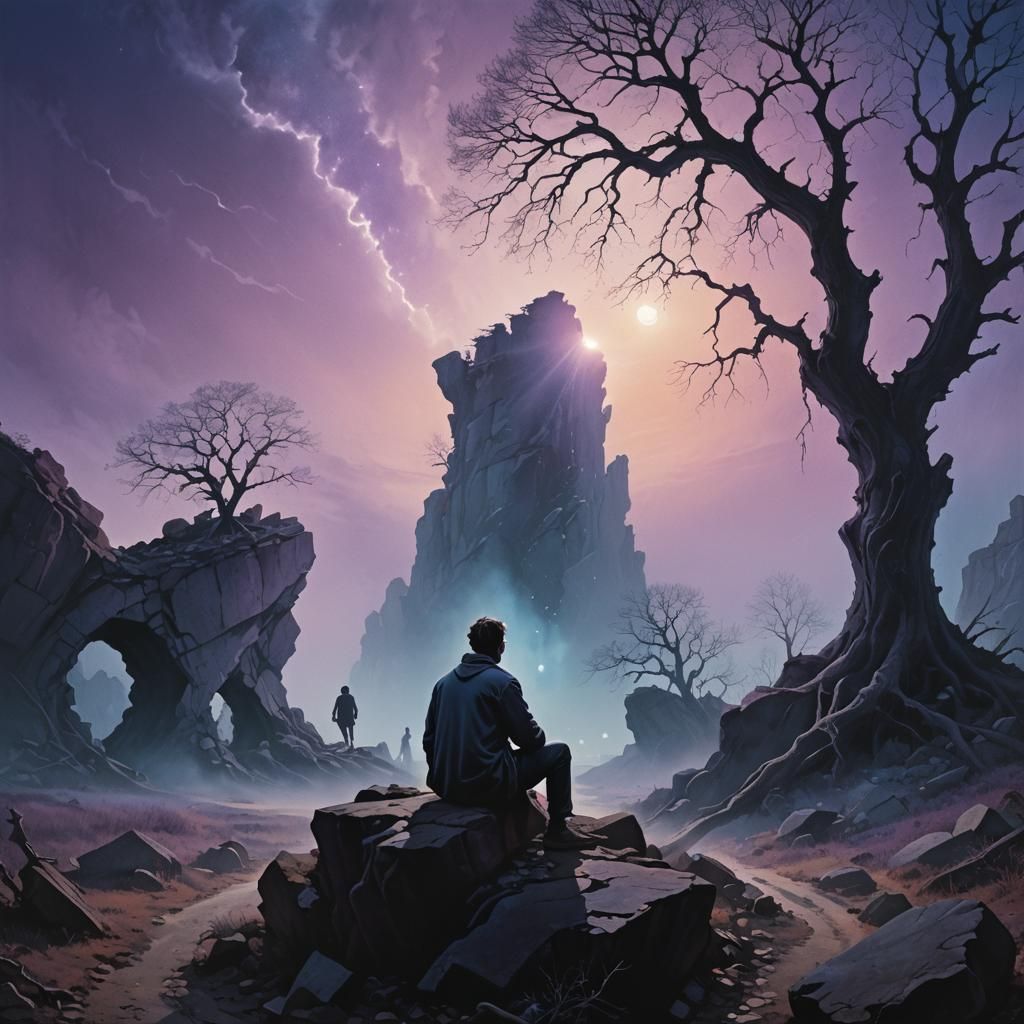 Surreal Man Watches Woman Enter Tunnel of Light