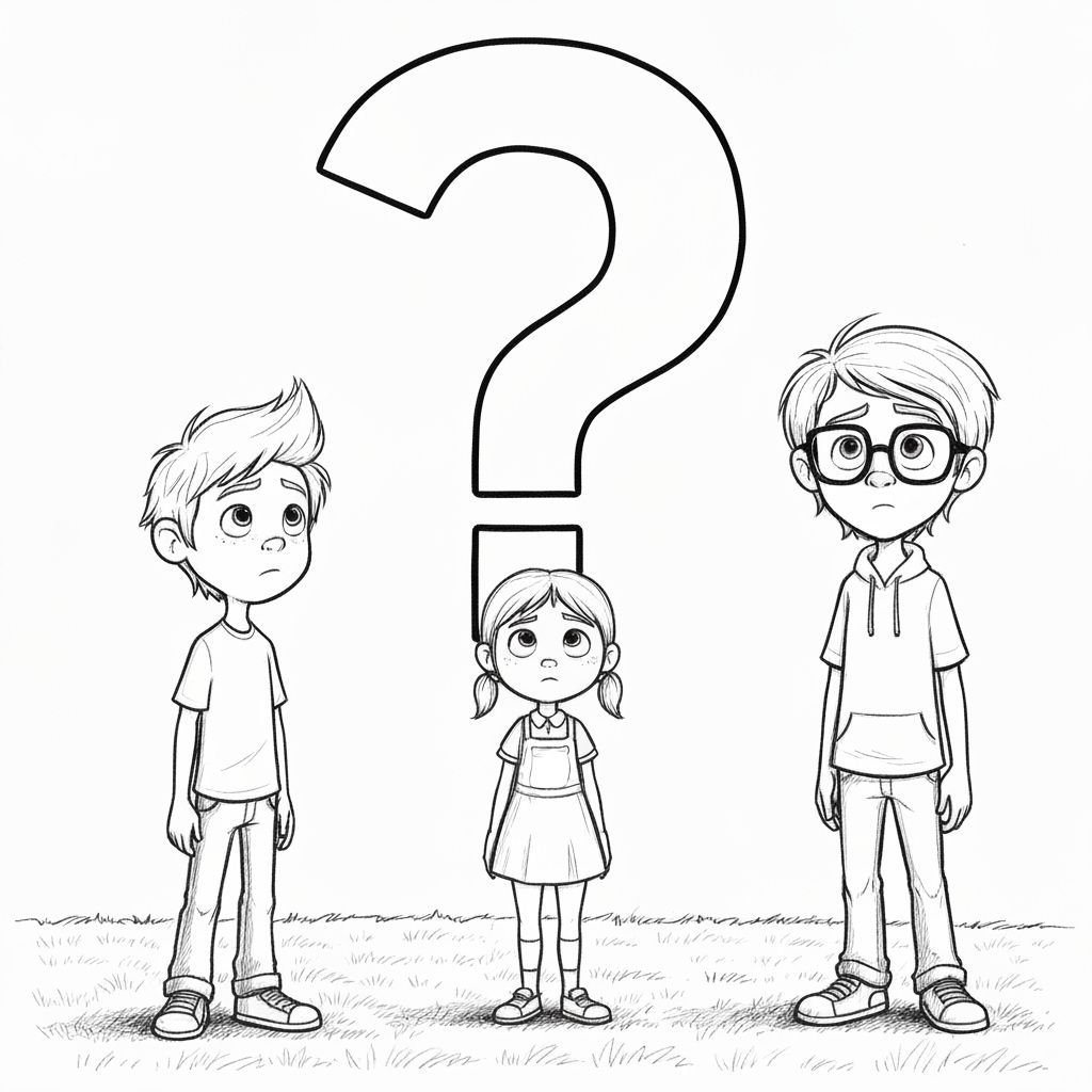 Pixar-Style Sketch: Children Contemplate Question Mark