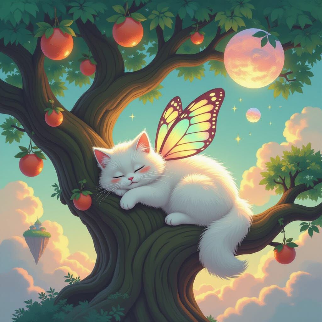 Fluffy Winged Creature Naps on Enchanted Oak Tree