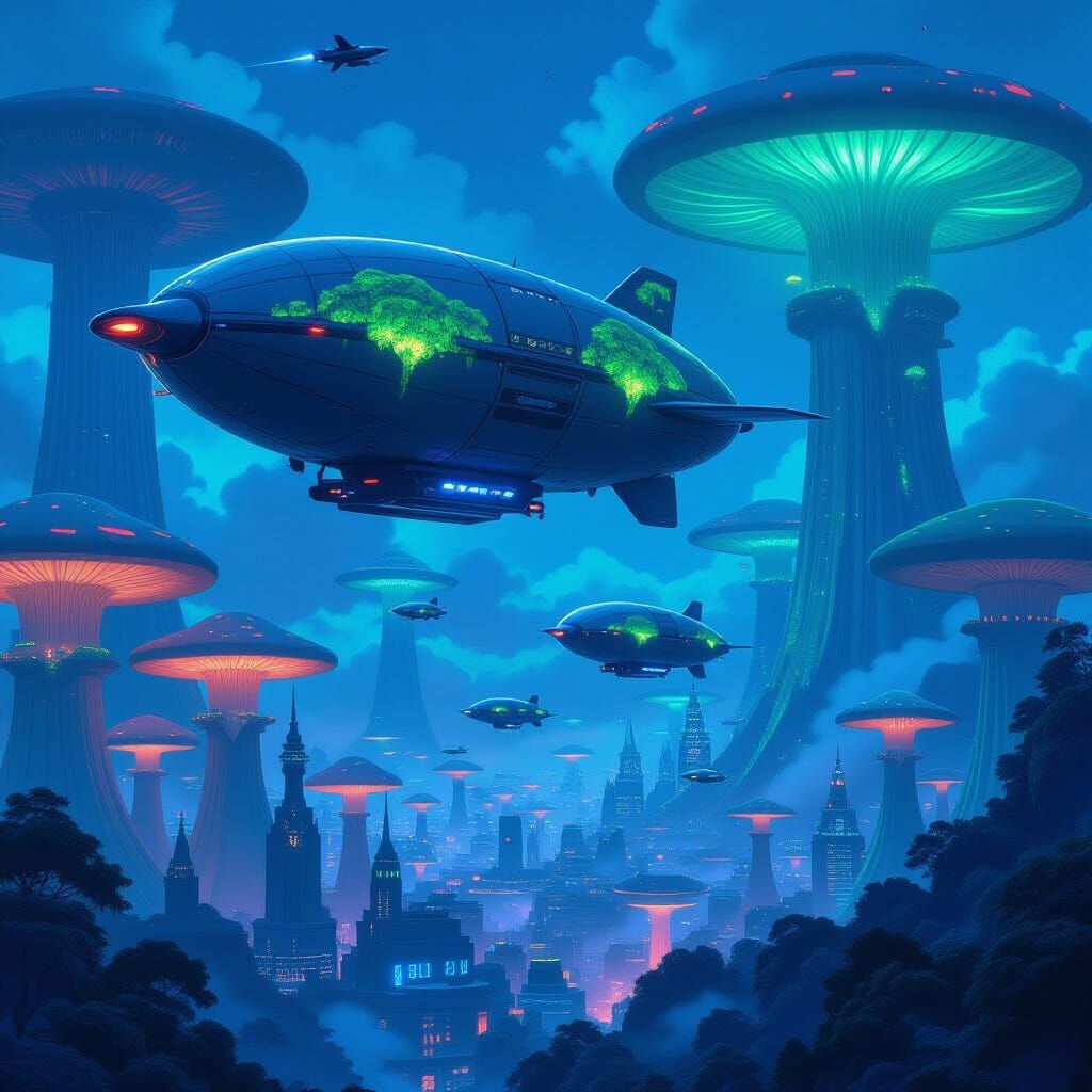 Bioluminescent Airships Over Mushroom Metropolis: Ghibli Sty...