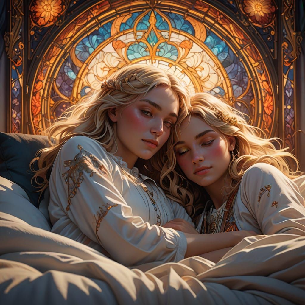 Intimate Art Nouveau-Inspired Portrait of Two Blonde Girls i...