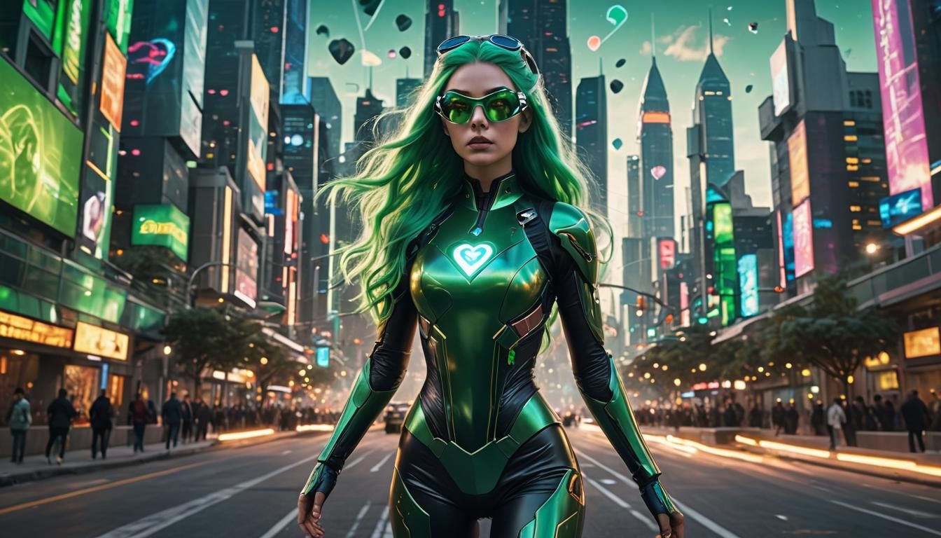 Retrofuturistic Girl in Cyberpunk Cityscape