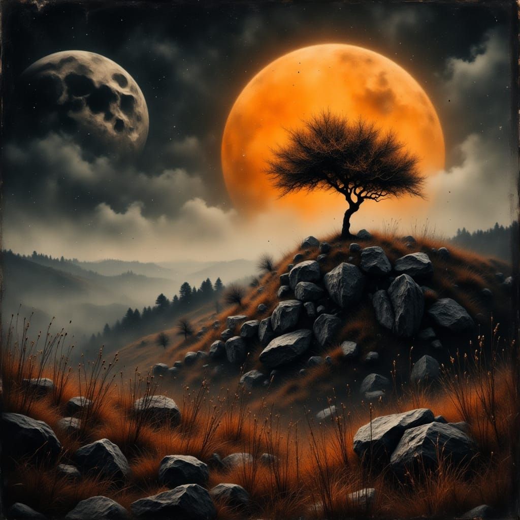 Surreal Tree Under Orange Moon in 3D Landscape
