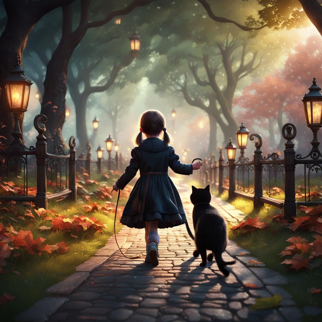 Girl Leads Black Cat in Park: Fantasy Art