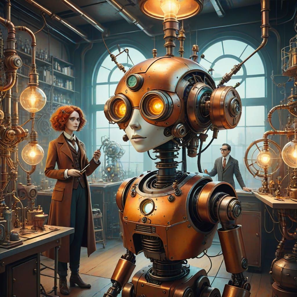 Surrealist Steampunk Robot Woman in Whimsical Laboratory