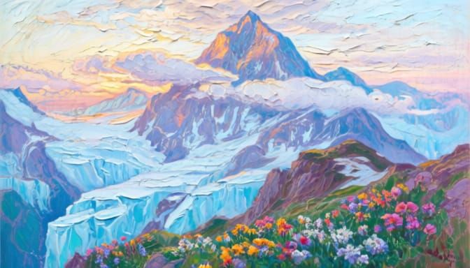 Mountain Crest in Morning Light, Gouache Style