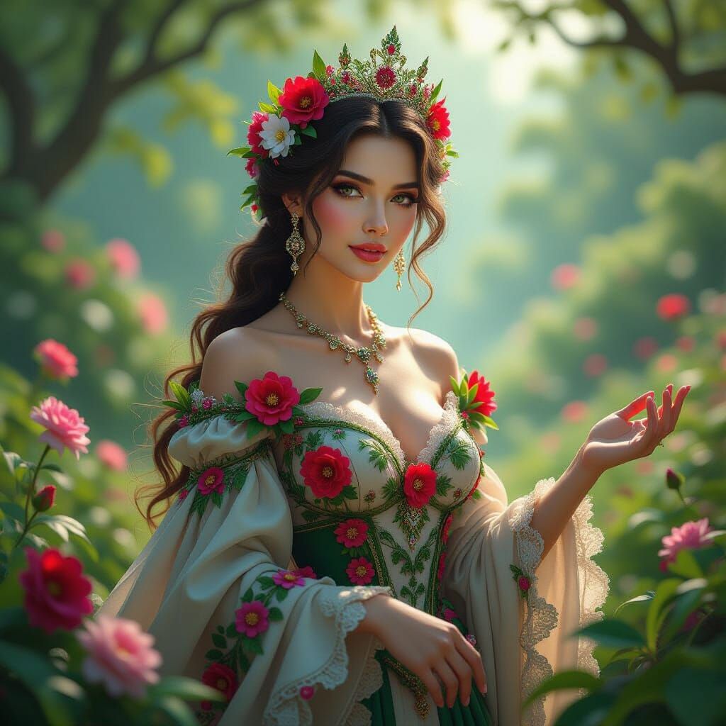 Spring Queen in Lush Blooming Landscape, Detailed Matte Pain...