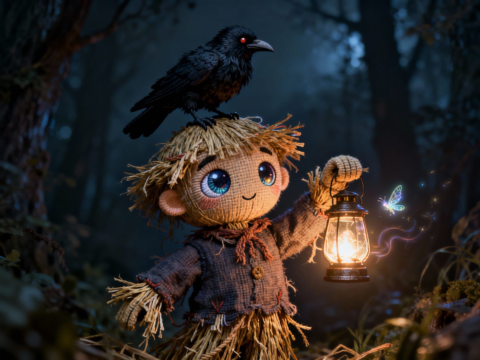 Chibi Scarecrow with Crow, Holding Fairy Lantern in Dark For...