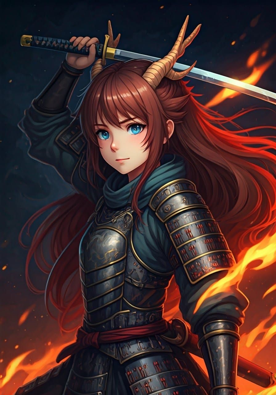 Anime Dragon Girl with Katana in Ghibli Style