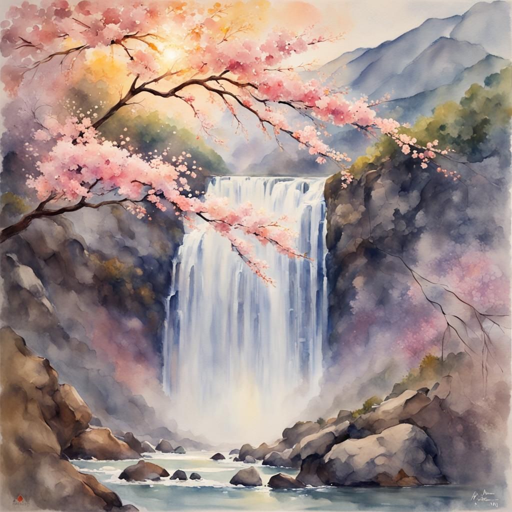 Sakura Waterfall Sunset Double Exposure Watercolor