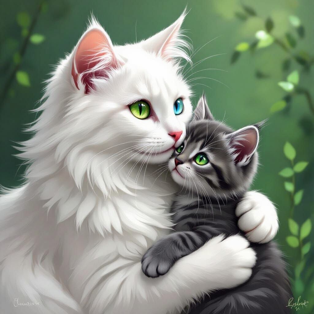 White Cat With Heterochromia Nursing Kitten
