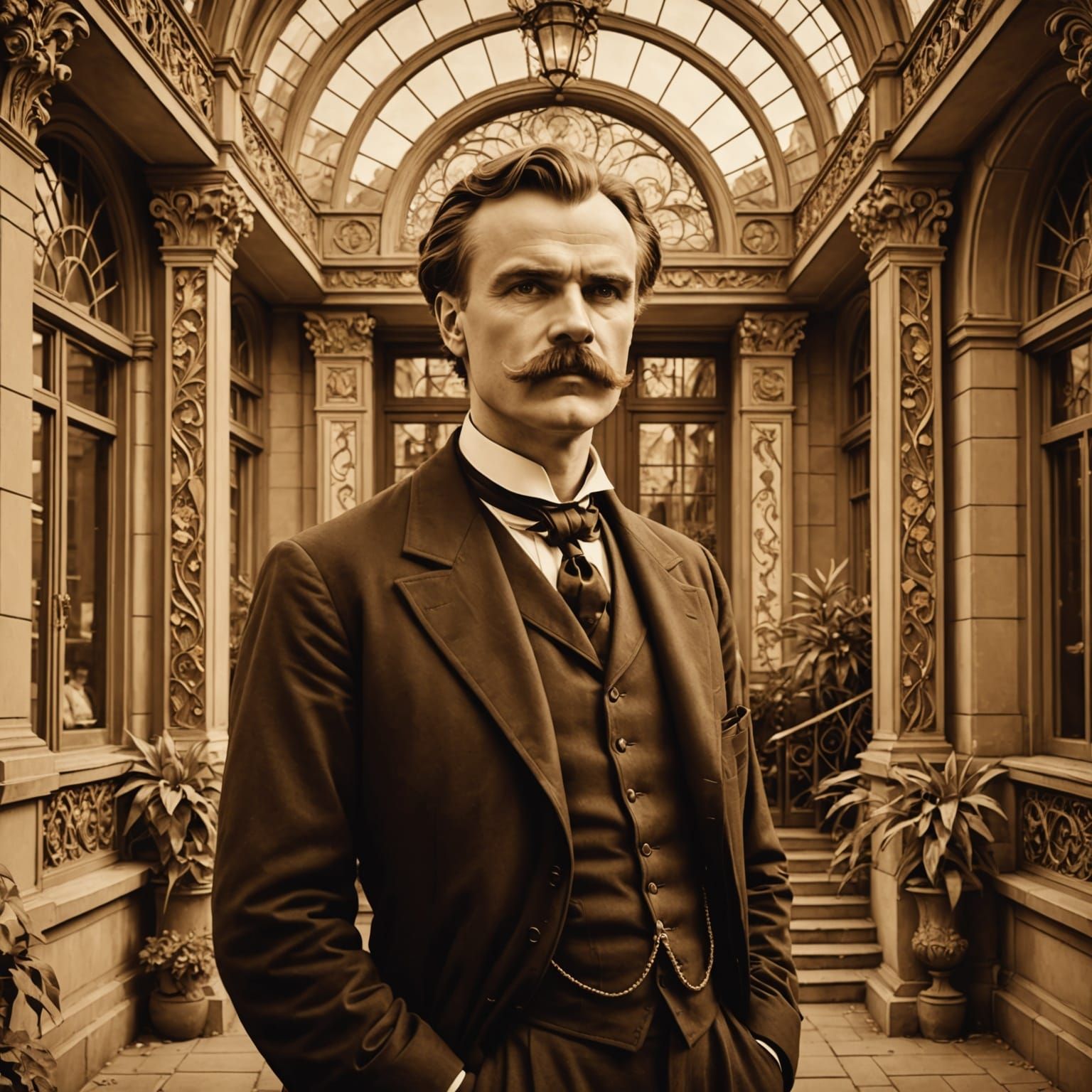 Nietzsche in Front of Art Nouveau Architecture