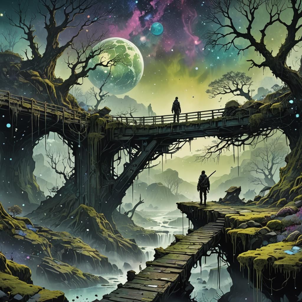 Cosmic Horror: Lone Figure on Shattered Bridge
