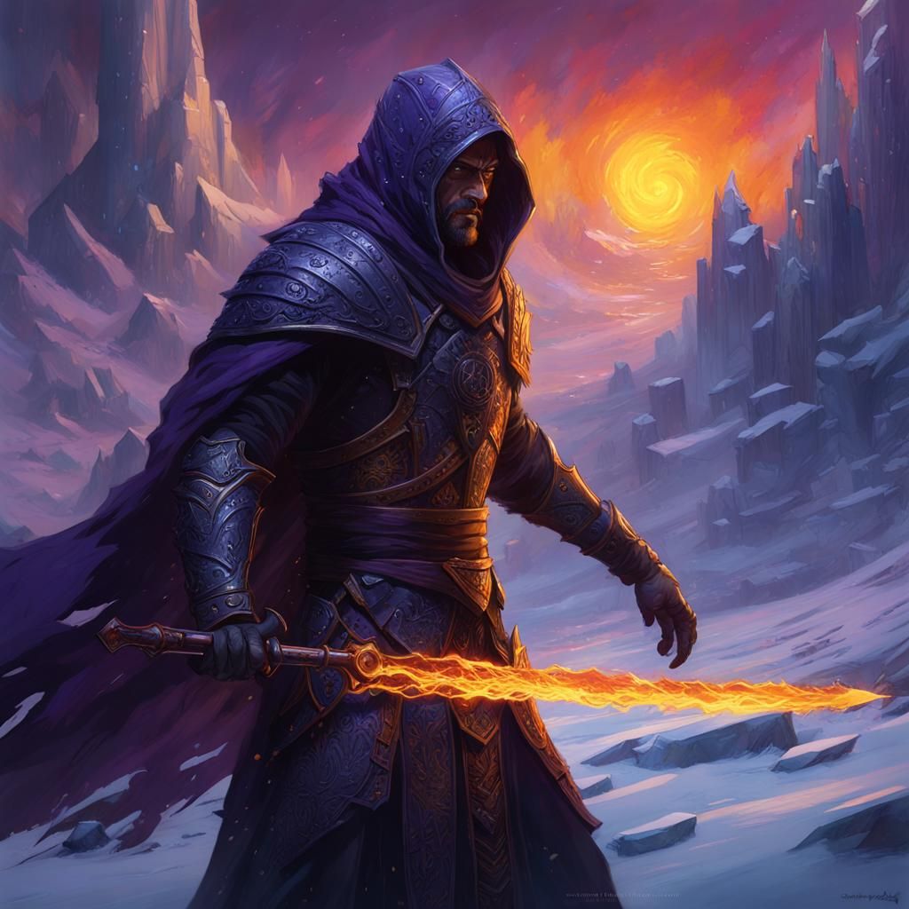 Ice and Fire Shadow Assassin in Dark Fantasy Style