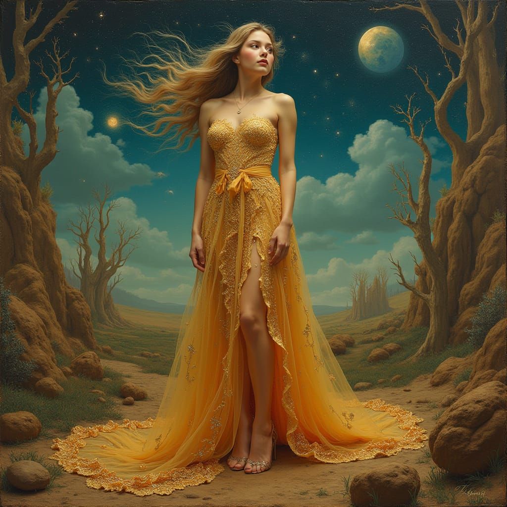 Shooting Star Singer in Surreal Art Nouveau Landscape