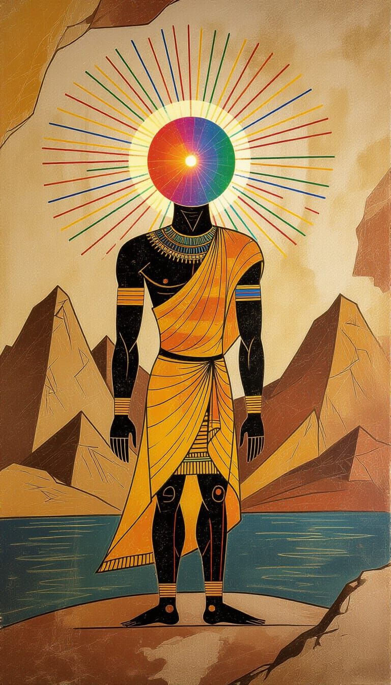 Cave Painting of Golden Robed Figure with Glowing Neon Halo