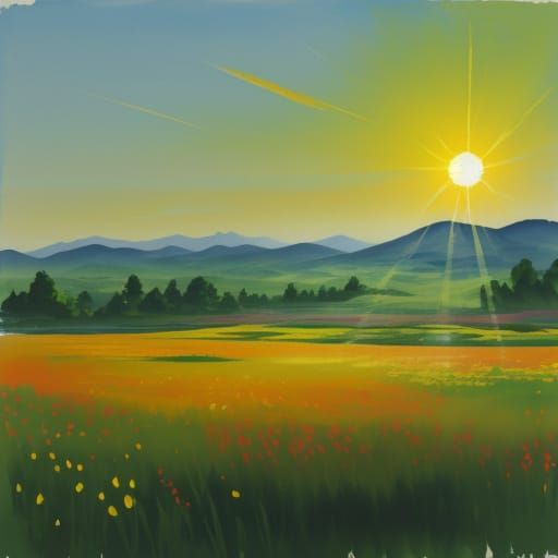 Sunlit Meadow in Japanese Ink Style