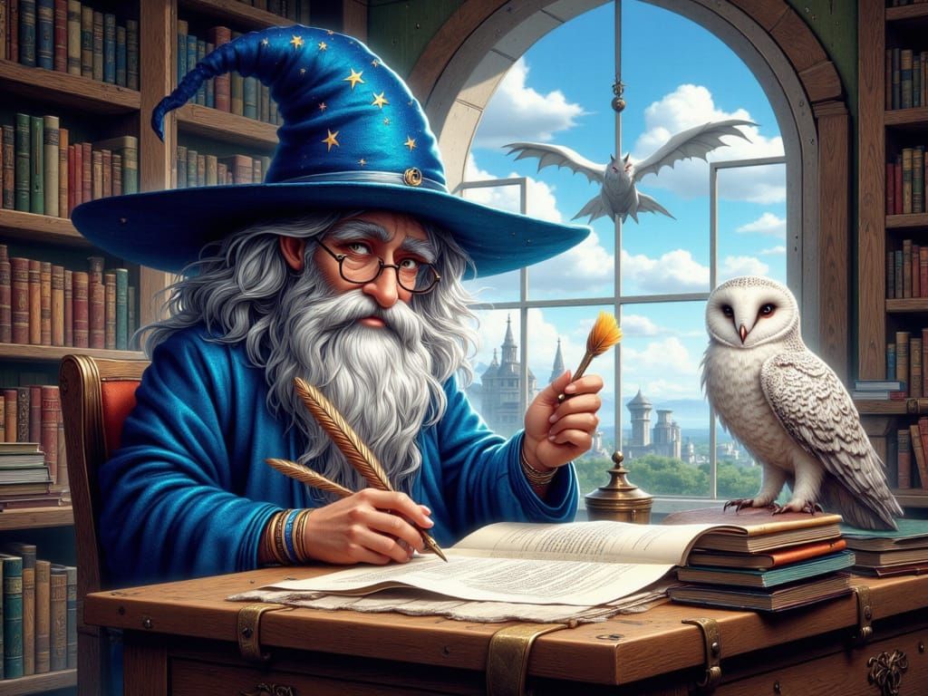 Old Man Wizard Writing Magic Scroll in Fantasy Office