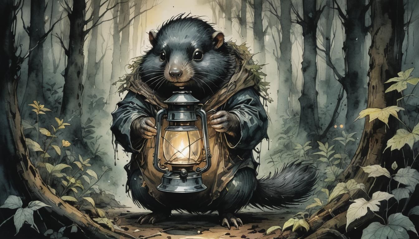 Mole Lights the Forest: Watercolor Charcoal Sketch