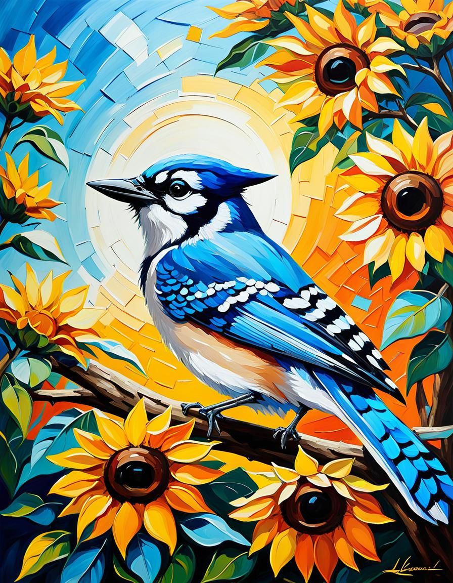 Blue Jay in Sunflowers: Expressionist Impasto Painting