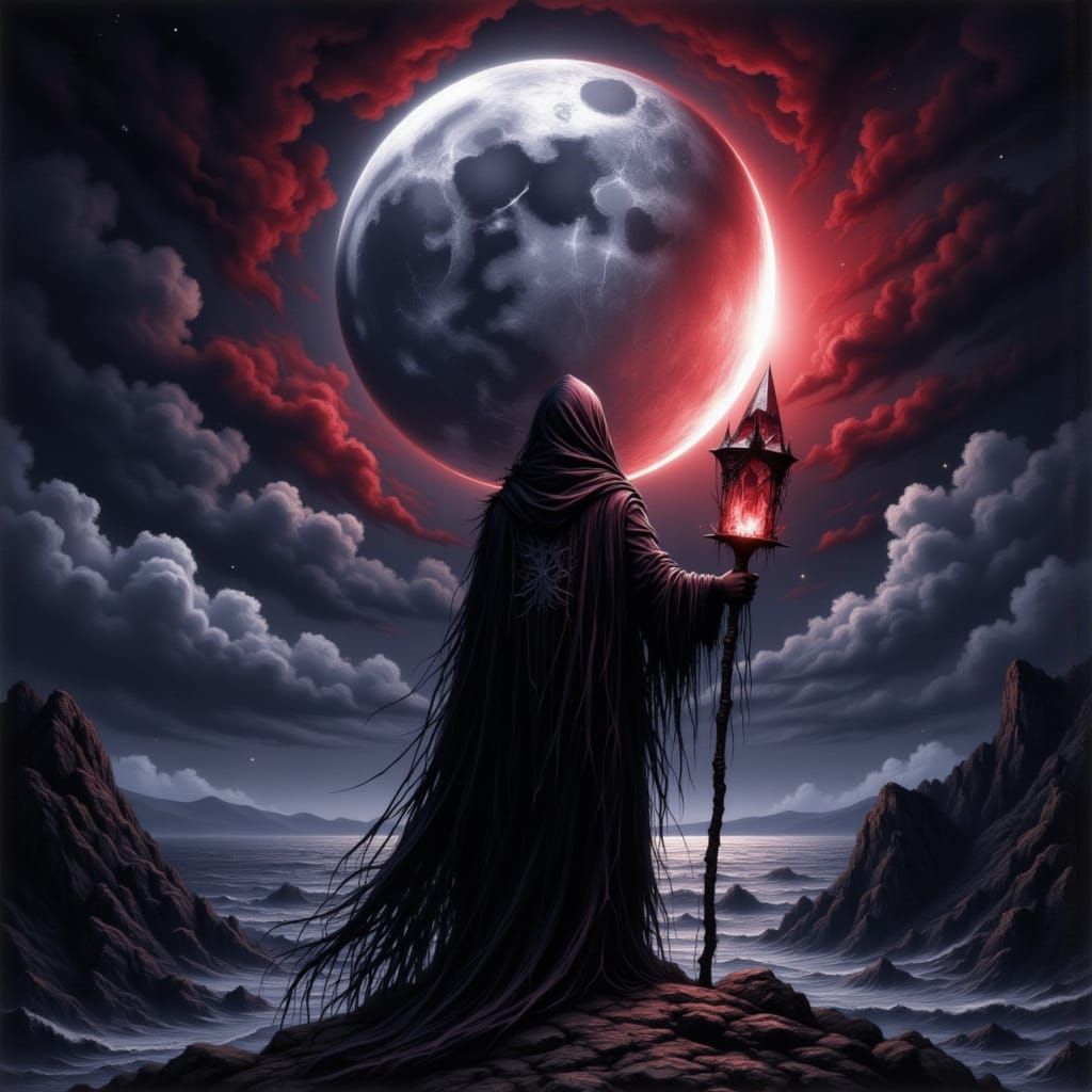 Warlock Gazing at Lunar Eclipse in Gothic Style