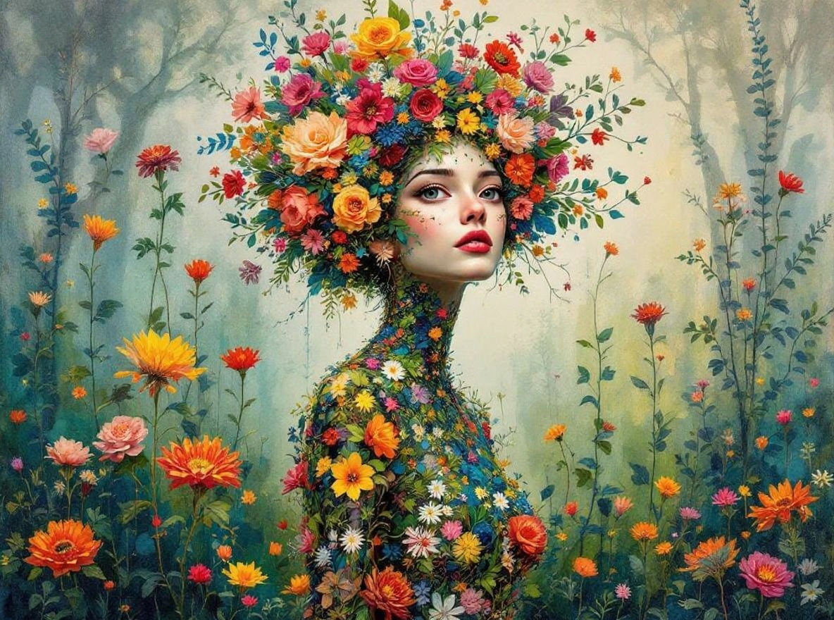Floral Person in Lush Grove, Mixed Media Painting