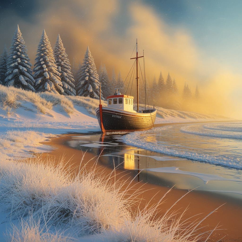 Winter Beach Fishing Boat in Oil Painting Style