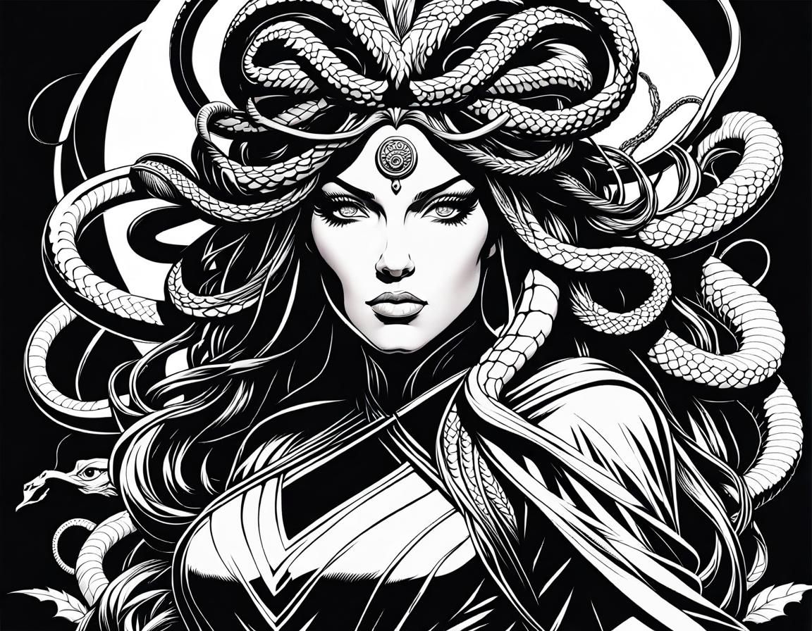 High Contrast Line Art of Medusa with Snake Hair