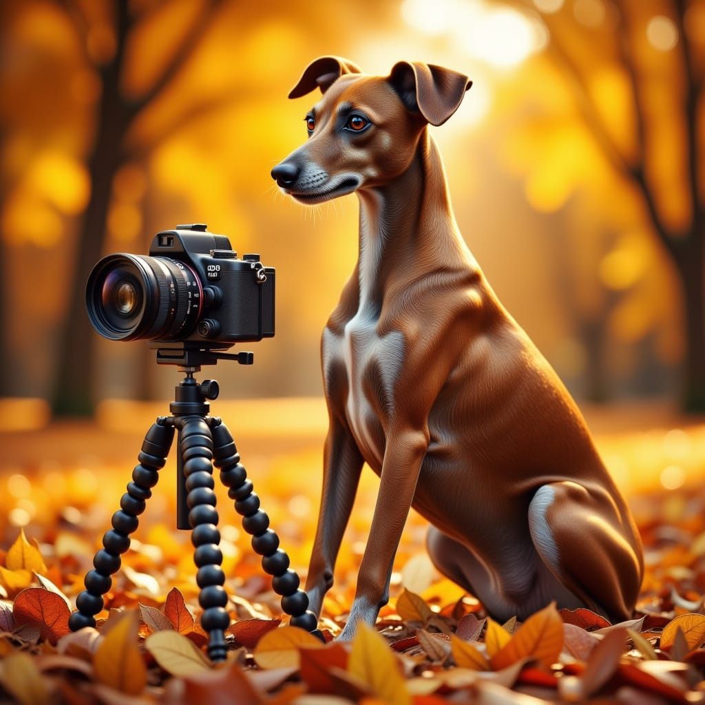 Adorable Greyhound in Autumn Park with Camera
