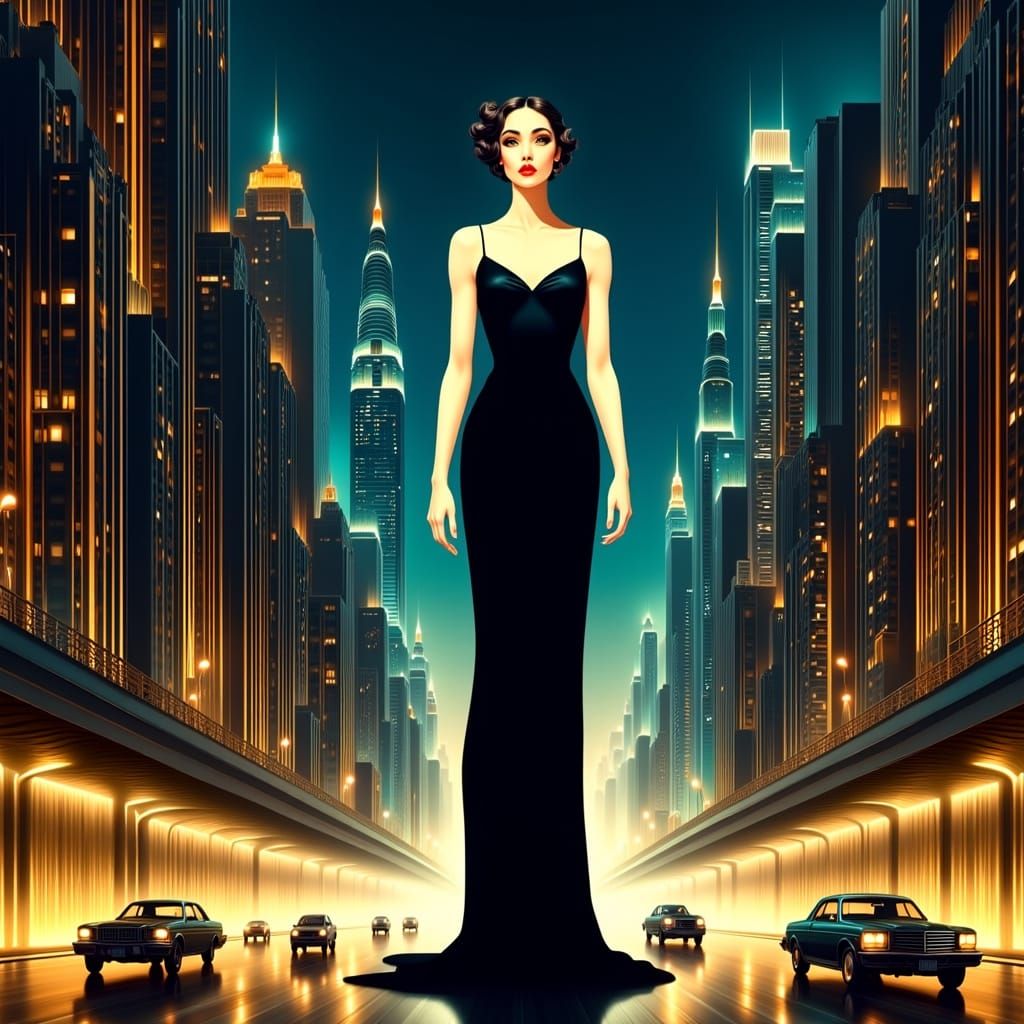 Colossal Woman in Art Deco Style on NYC Highway