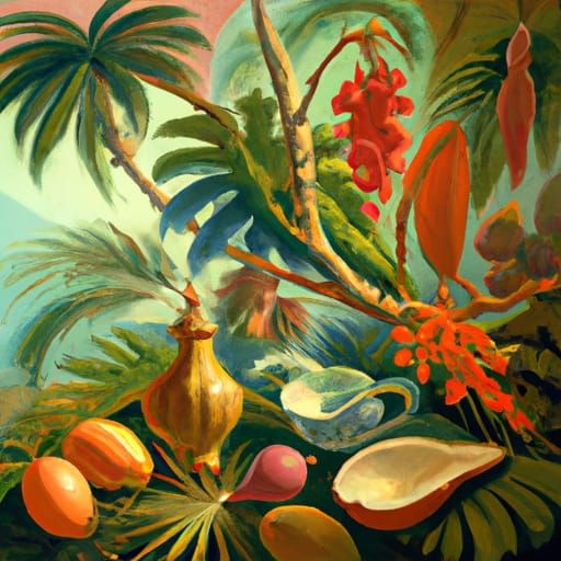Lush Tropical Still Life in Naive Art Style