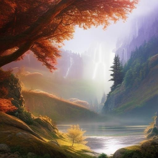 Fantasy Mountain Landscape with Bridge and Waterfalls