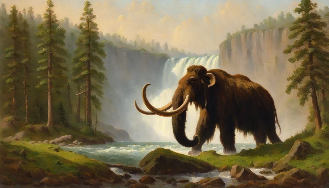Wooly Mammoth in Serene River Landscape Oil Painting