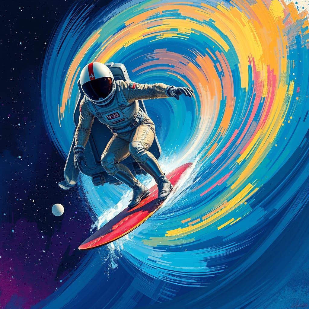Space Surfer Rides Gravity Wave in Sci-Fi Style