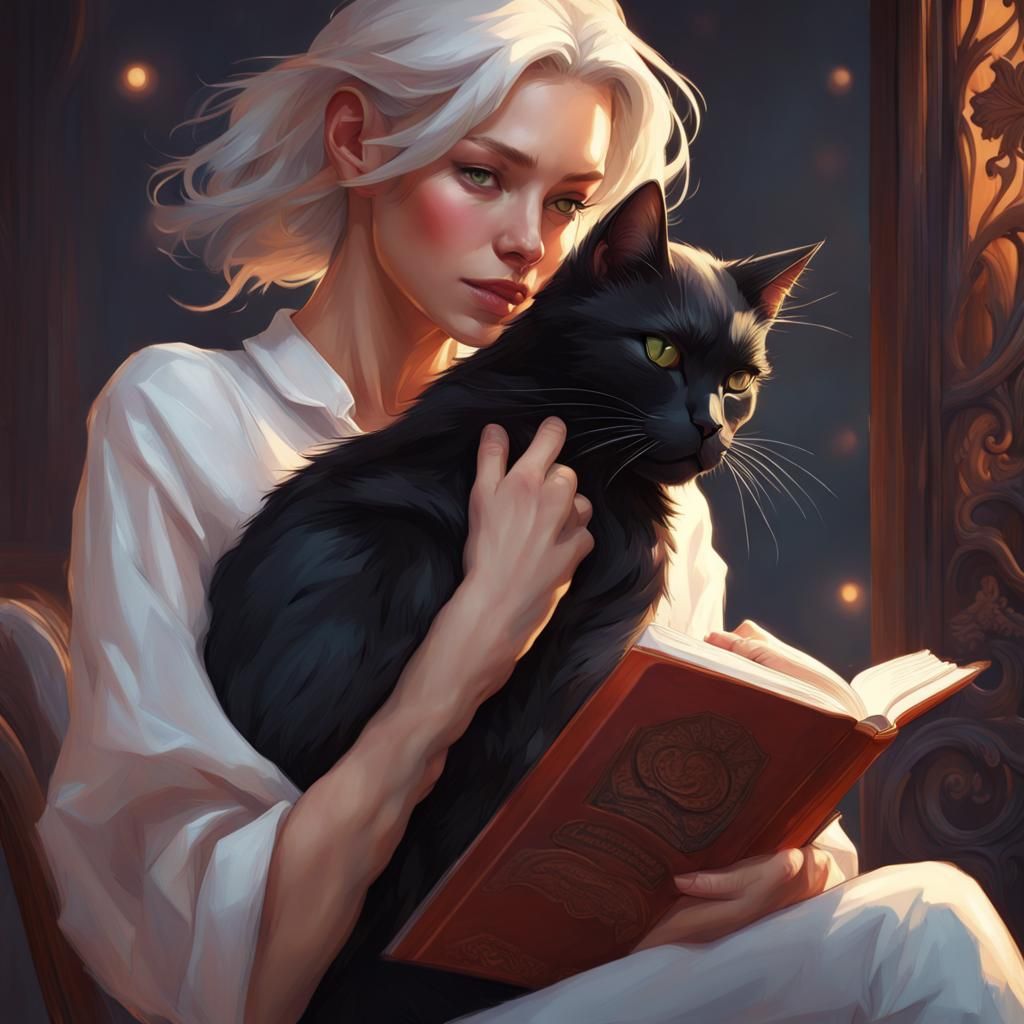 Cat Reads Book, Detailed Art Nouveau Portrait