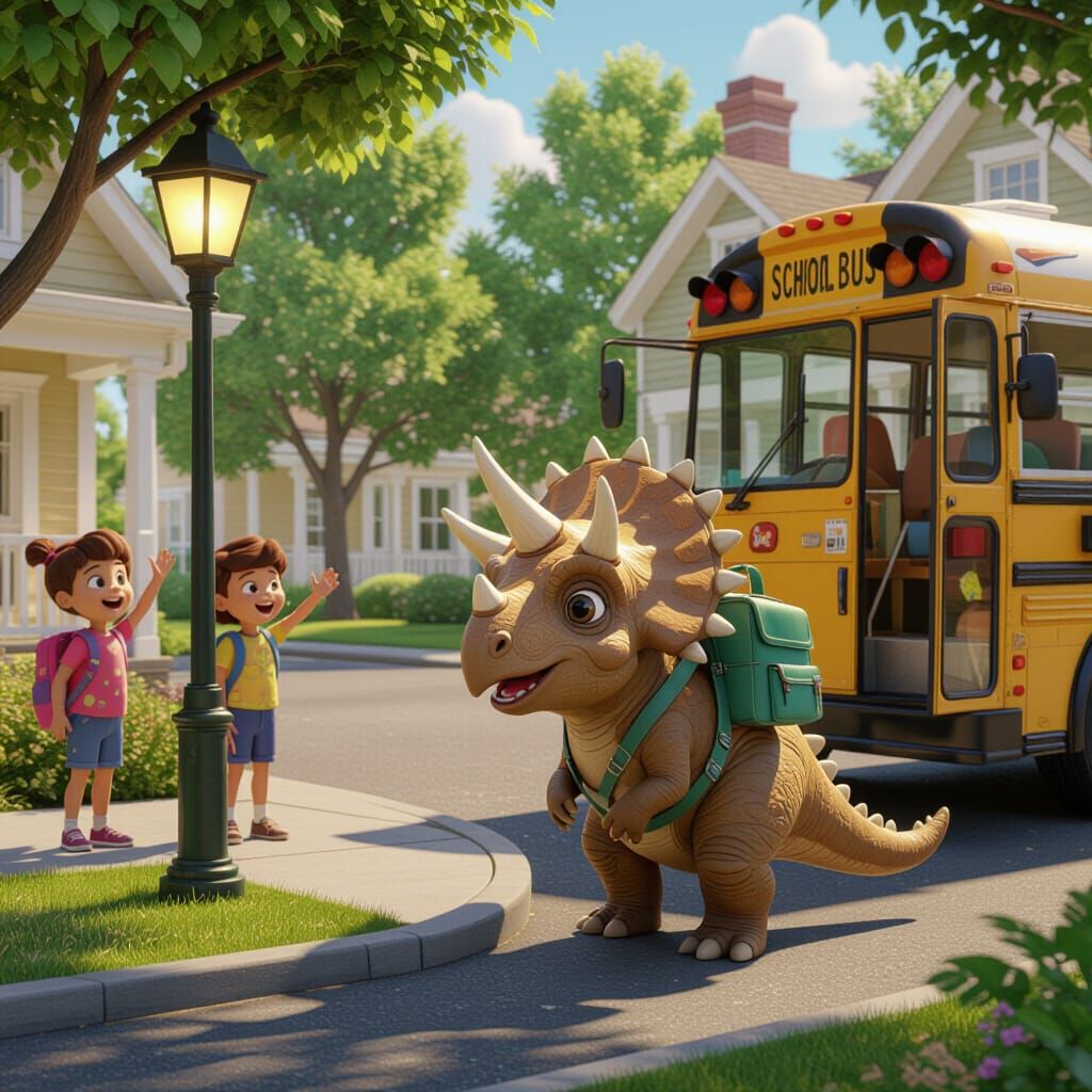 Triceratops at the Bus Stop: A Pixar-Style Scene