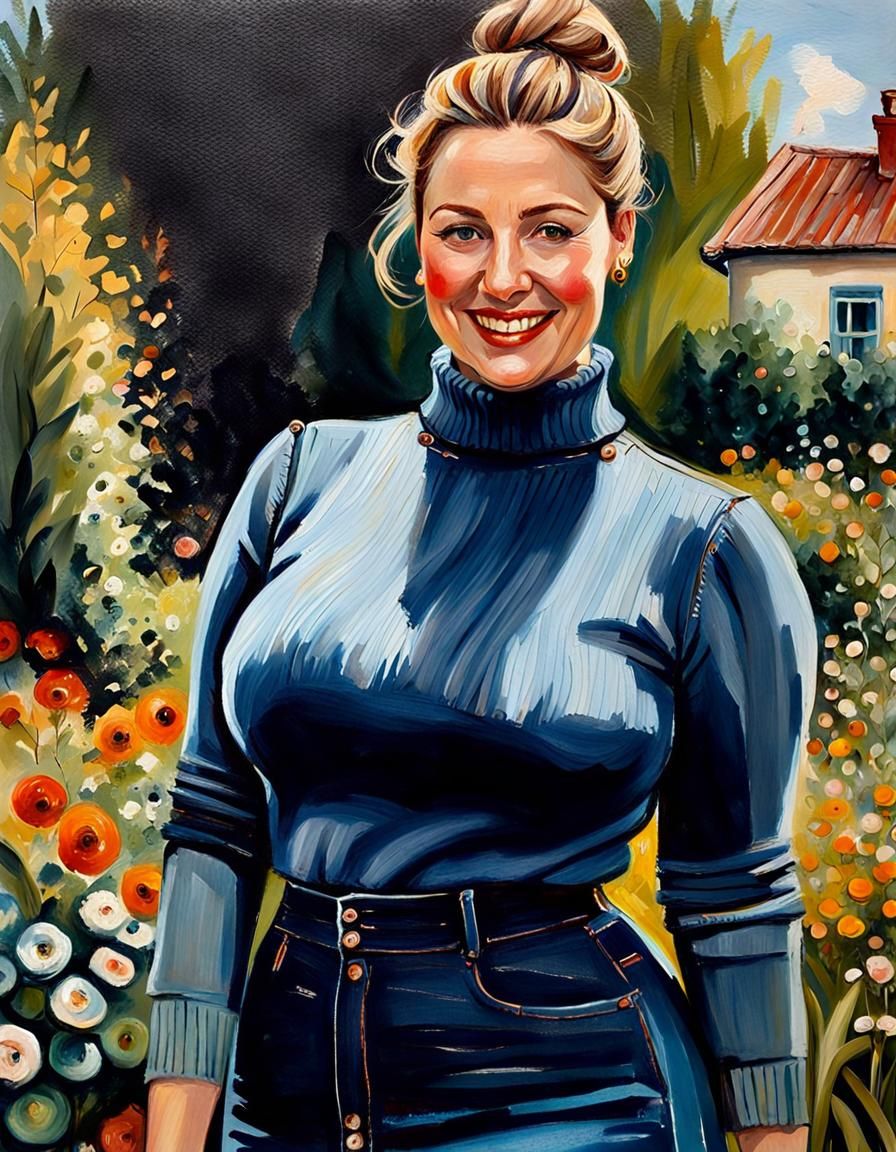 Elegant Woman in Garden, Oil-Guache Portrait