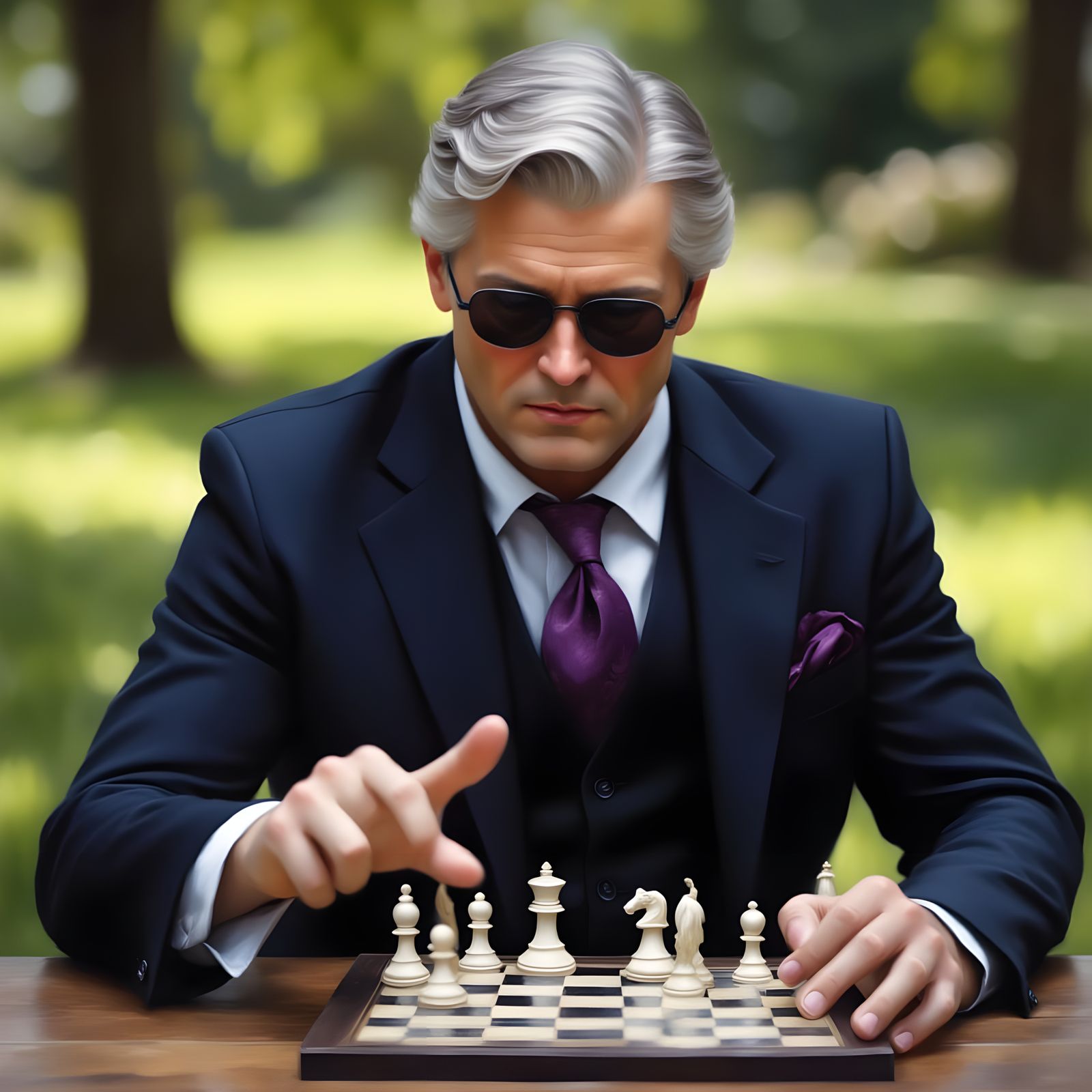 Sophisticated Man Plays Chess in Sunny Park