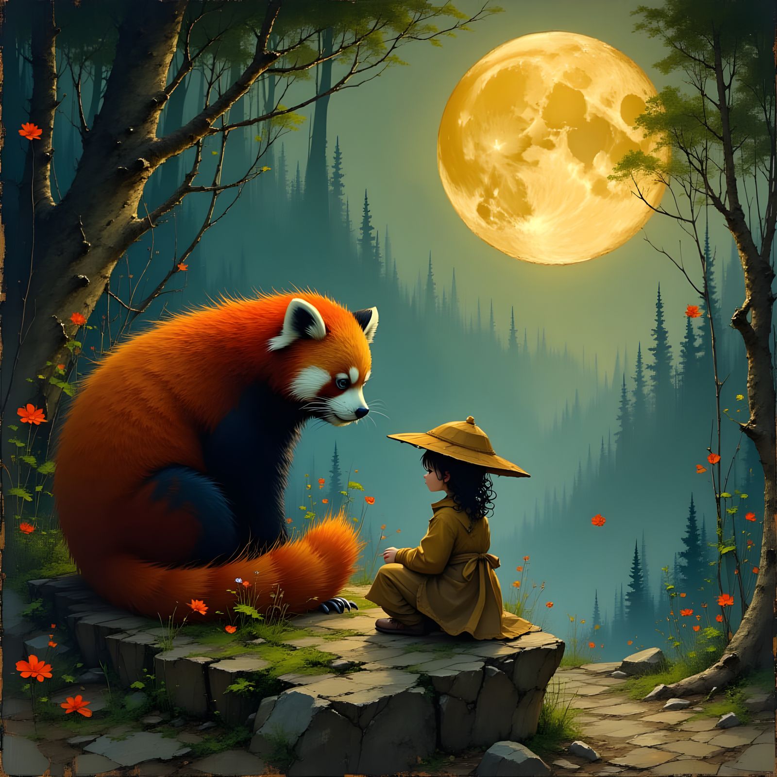 Red Panda Meets Girl Under Moonlight in Forest