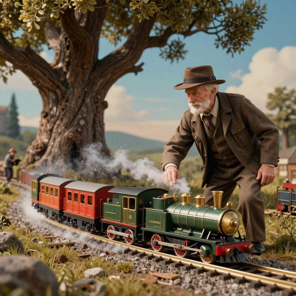 Elderly Man's Dream: Steampunk Toy Train Adventure