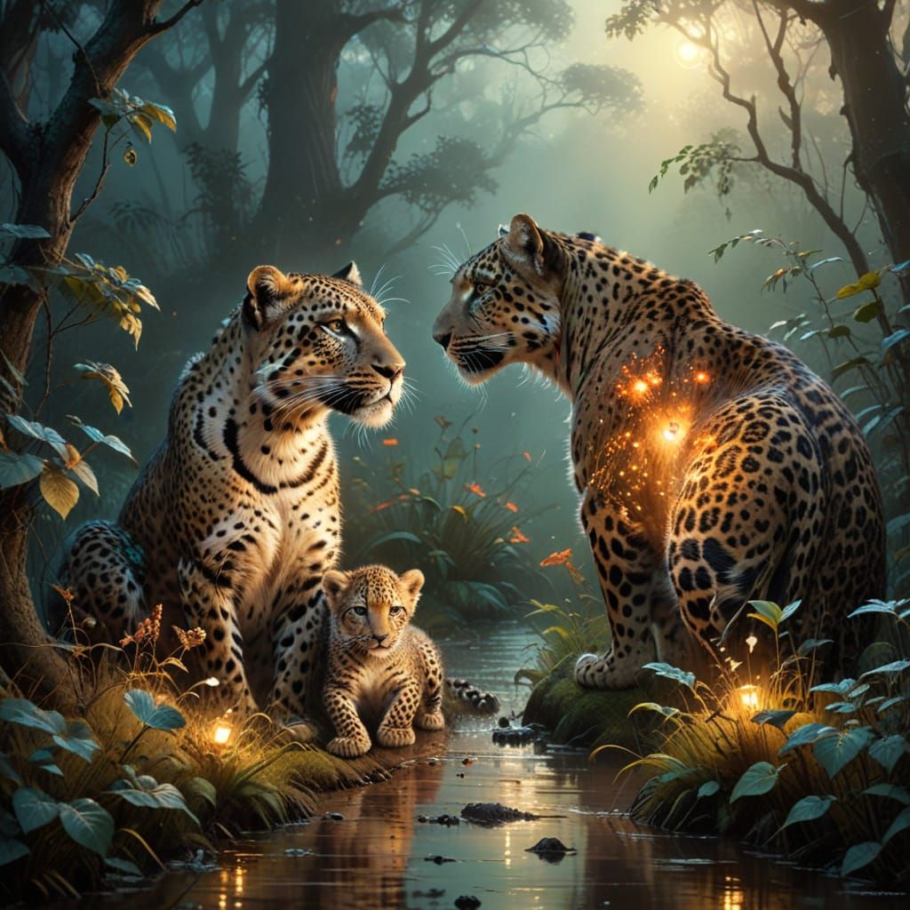 Surreal Woodland Scene with a Mother Leopard and Her Cubs in...