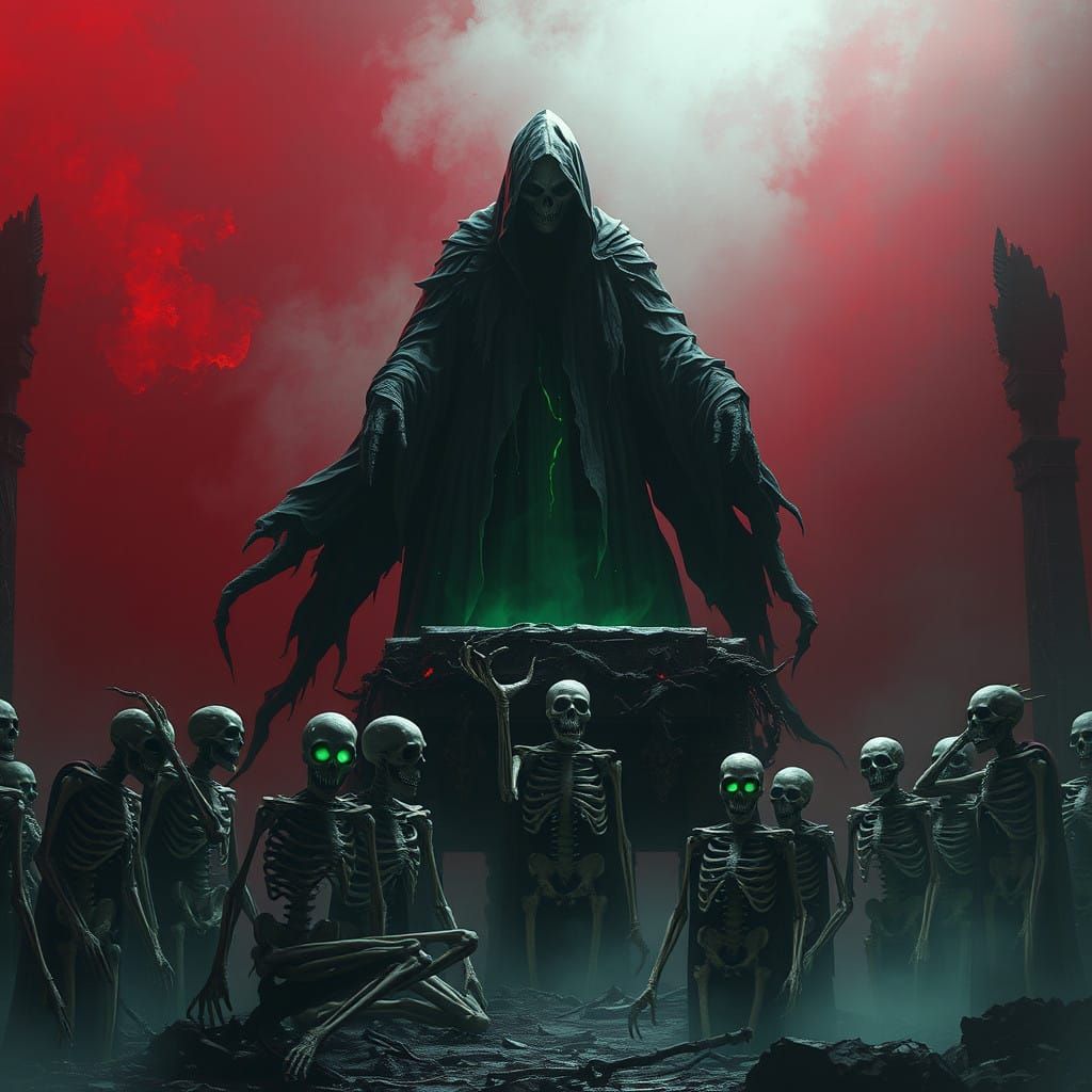 Dark Fantasy Entity Surrounded by Skeletons in Ominous Ritua...