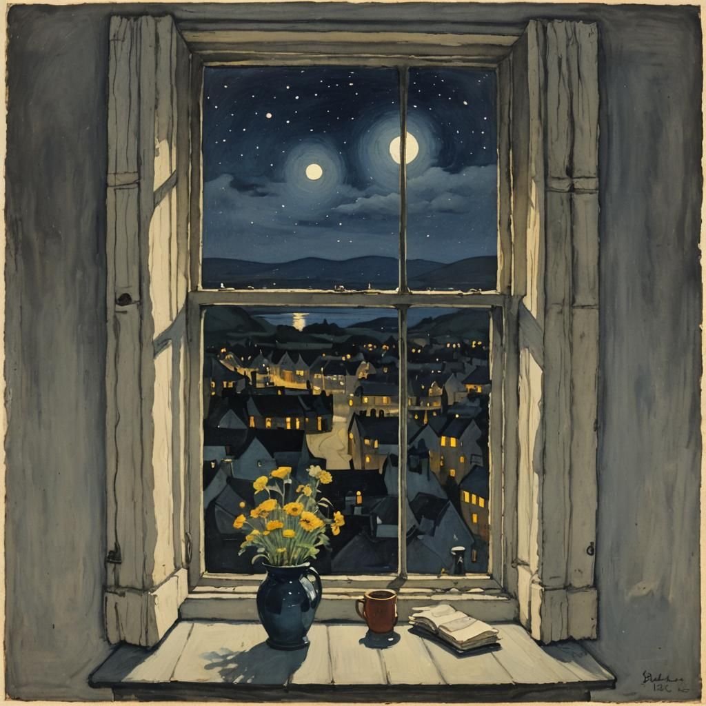 Whimsical Nighttime Window Scene in Warm Wood Tones