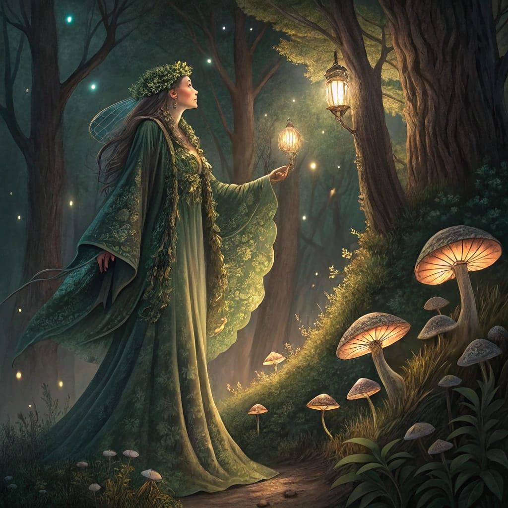 Mystical Earth Goddess in a Moonlit Forest