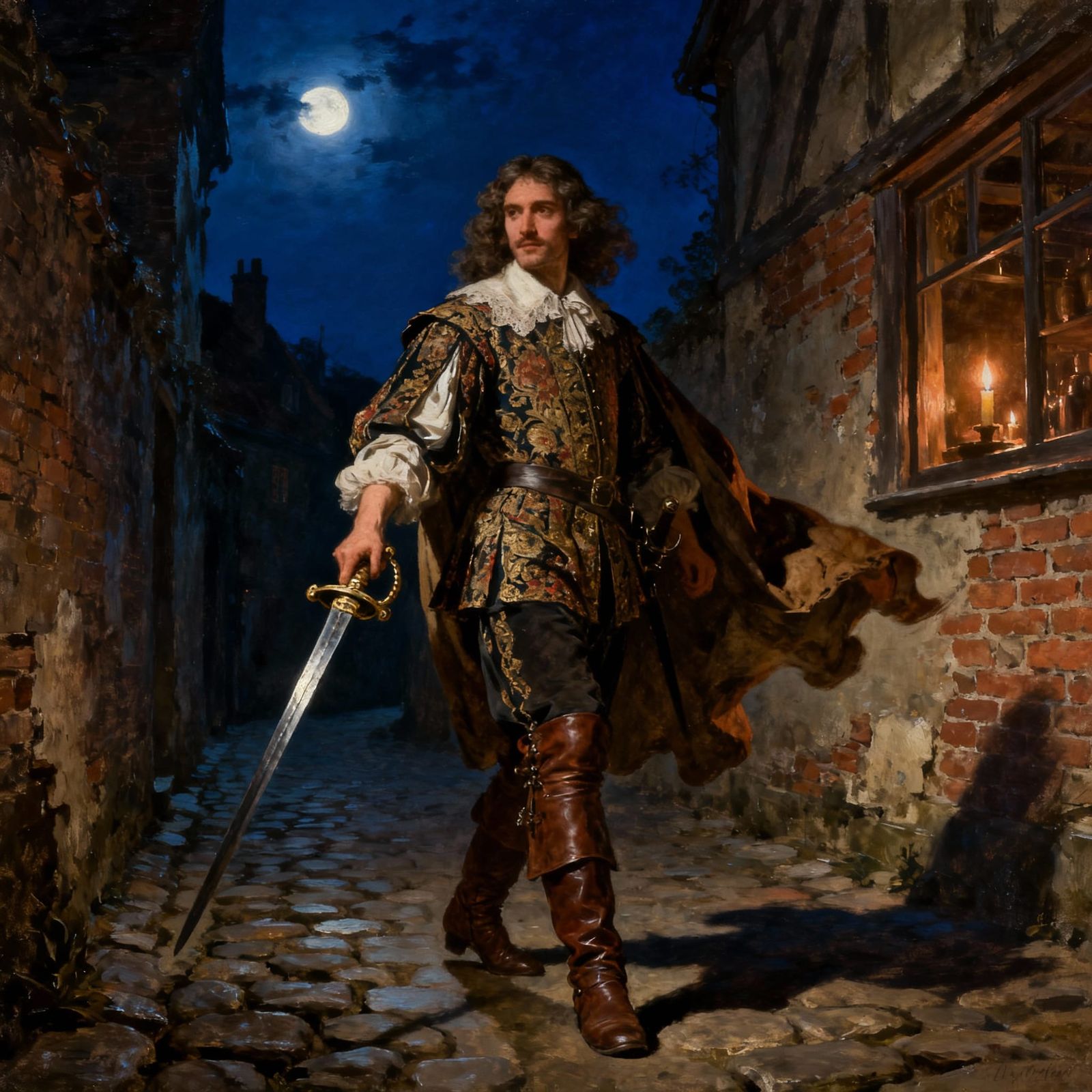 17th Century Cavalier With Rapier in Night Alley