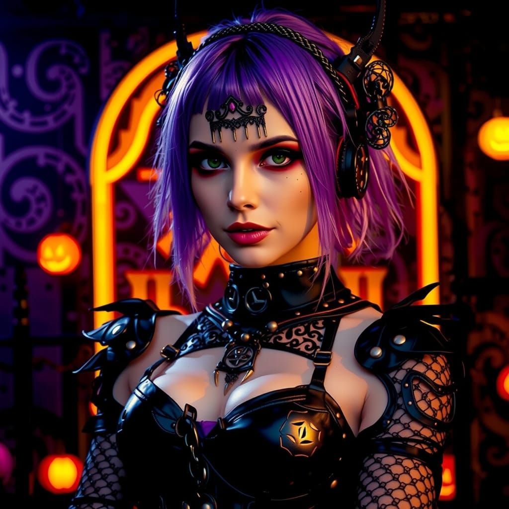 Gothic Woman Amidst Neon Jack o' Lanterns